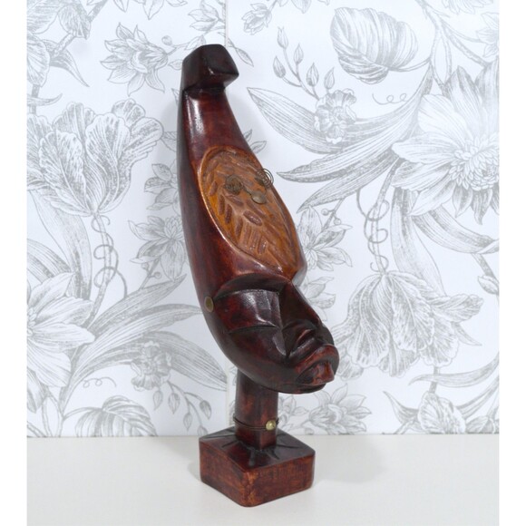 Vintage Haitian Wooden Hand Carved African Tribal Moon Head Sculpture Statue - Picture 1 of 11